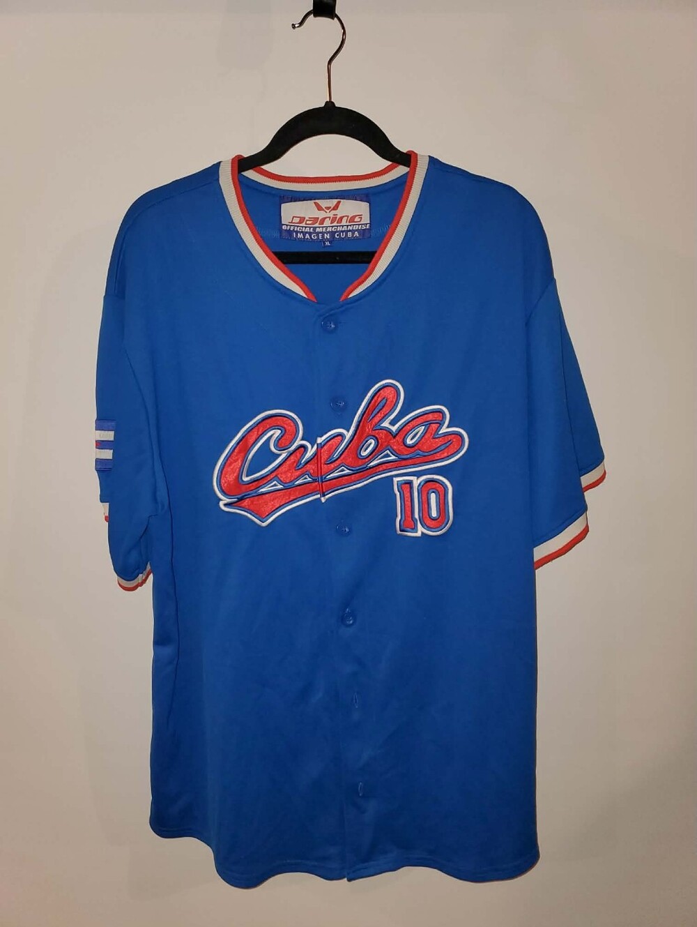 Darling Blue Baseball Jersey Top with Red & White Accents
